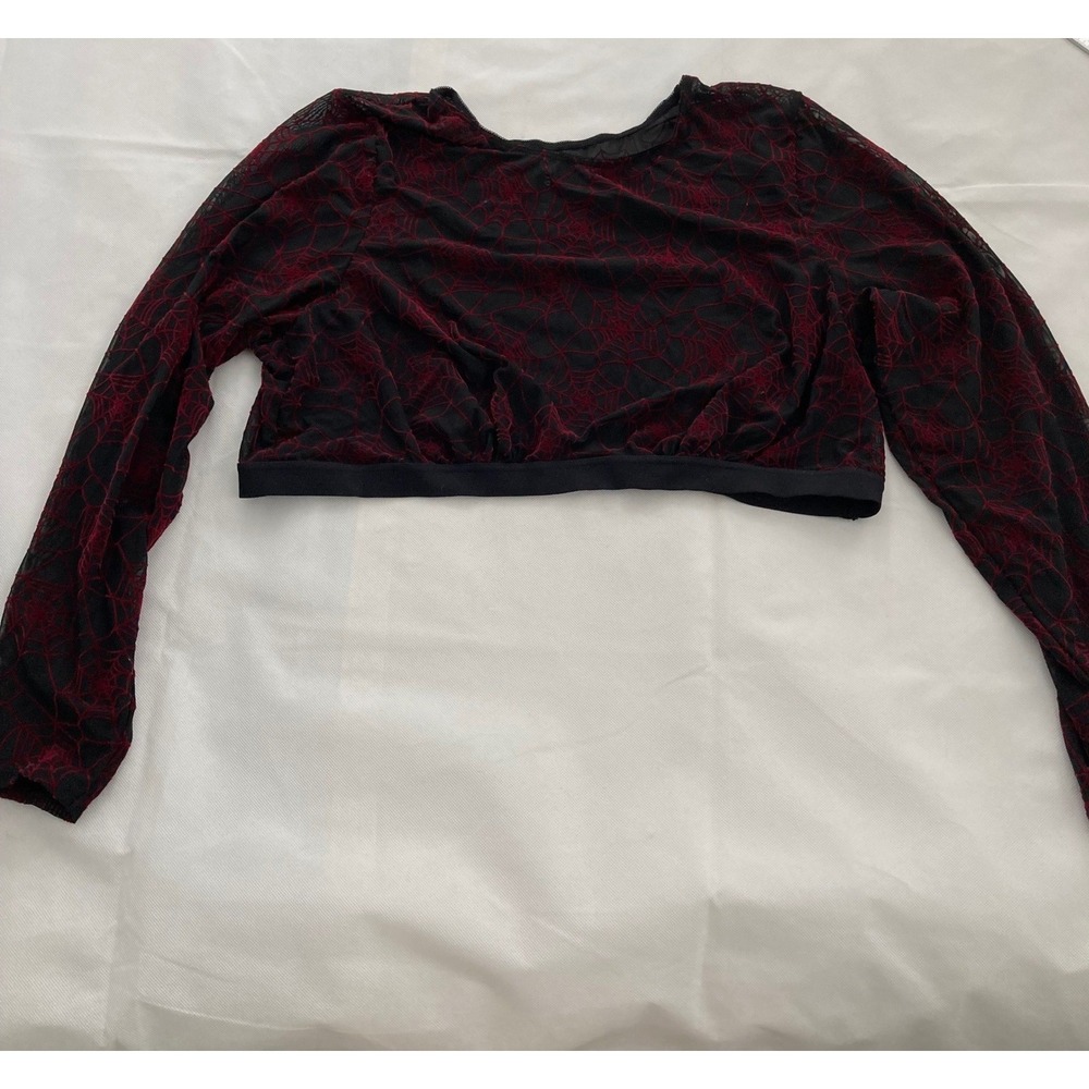 Torrid Black Red Flocked Spiderweb Mesh Long Sleeve Crop Top Plus Size 3 3X